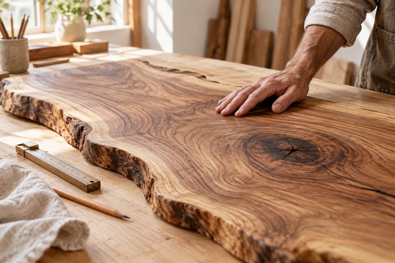 Ilustración del oficio: observar la forma, vetas y nudos de una pieza de madera sana