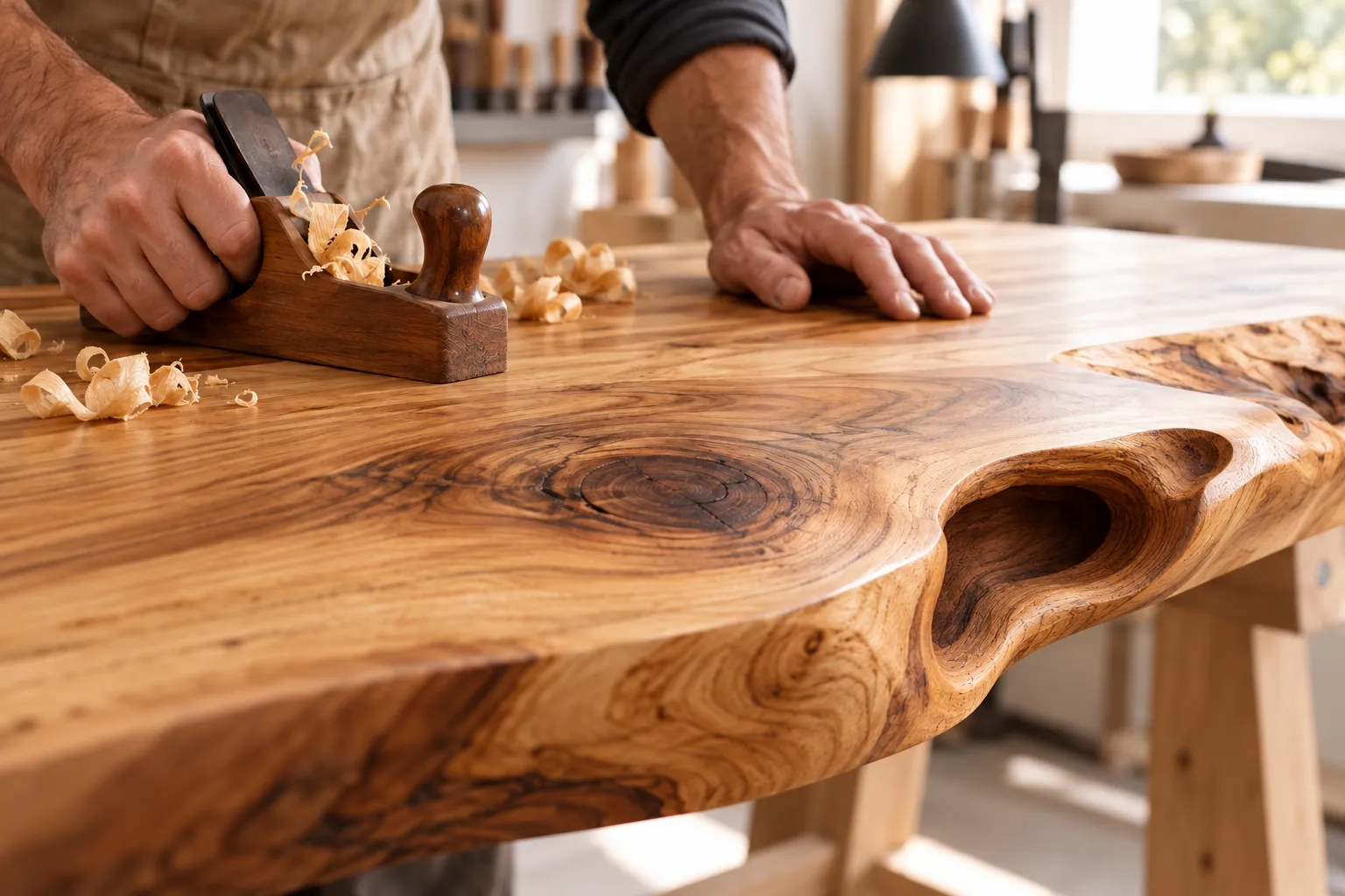 Ilustración de manos artesanas trabajando madera sana con vetas, un nudo y un hueco natural de contorno cuidado