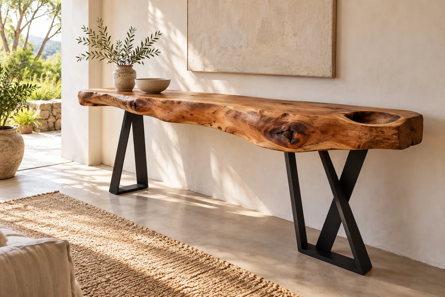 Diseño de inspiración: consola de madera con borde natural, nudos y estructura de metal negro