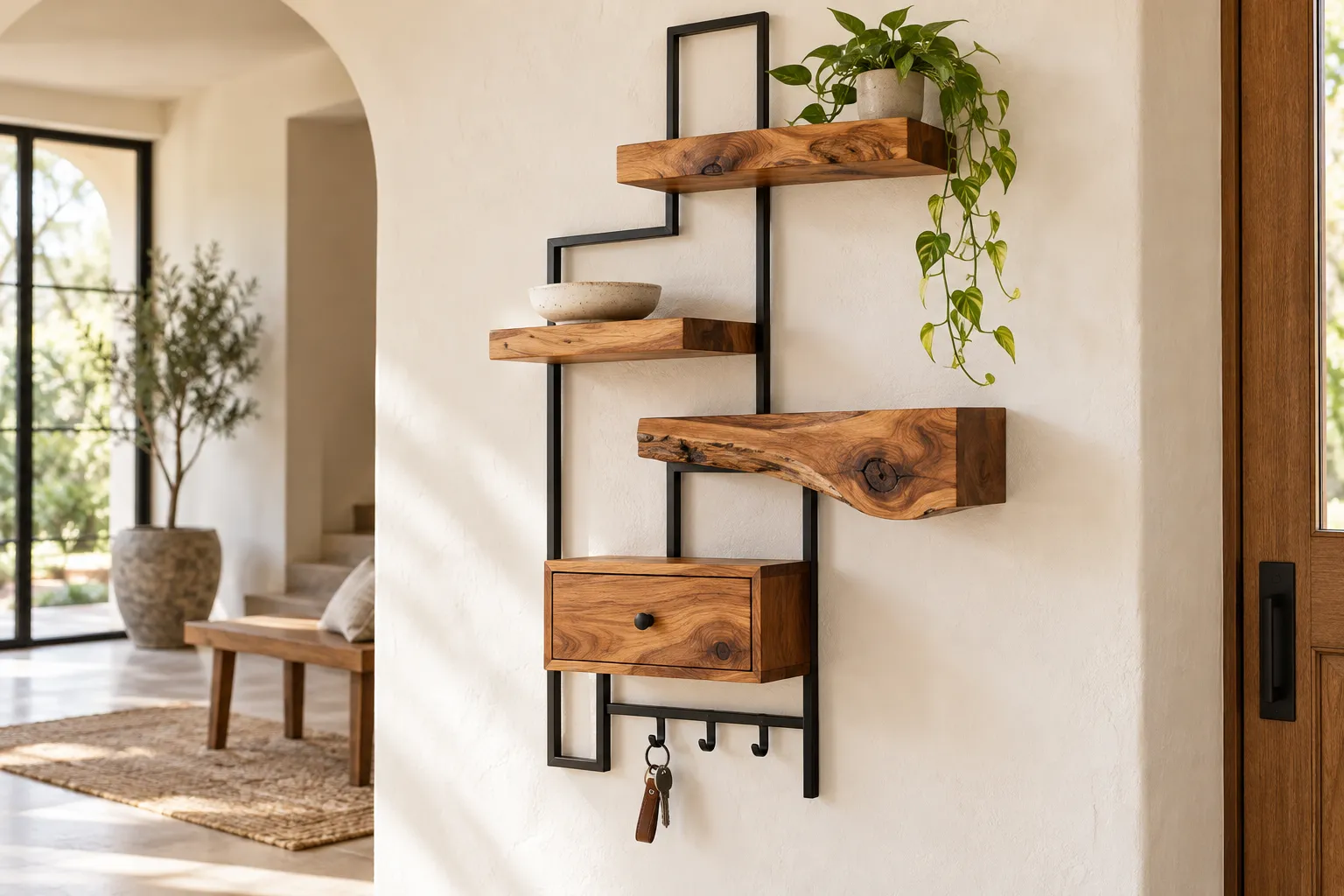 Diseño de inspiración: repisa y organizador artesanal asimétrico de madera con nudos y metal negro